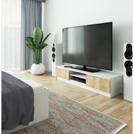 Szafka rtv, NOVA 160x40x33 cm, biel, dąb sonoma, mat