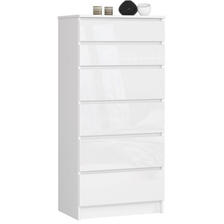 Komoda do sypialni, pokoju, 6 szuflad, STILO, 60x40x130 cm, biel, połysk