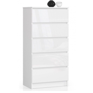 Komoda do sypialni, 5 szuflad, STILO, 60x40x121 cm, biel, połysk