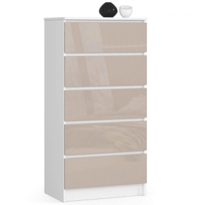 Komoda do sypialni, 5 szuflad, STILO, 60x40x121 cm, biel, cappuccino, połysk