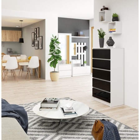 Komoda do sypialni, 5 szuflad, STILO, 60x40x121 cm, biel, czarny, połysk