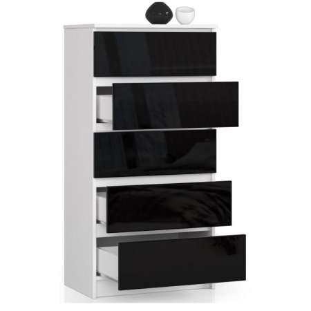 Komoda do sypialni, 5 szuflad, STILO, 60x40x121 cm, biel, czarny, połysk