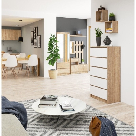 Komoda do sypialni, 5 szuflad, STILO, 60x40x121 cm, dąb sonoma, biel, mat