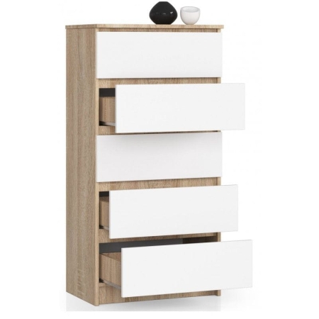 Komoda do sypialni, 5 szuflad, STILO, 60x40x121 cm, dąb sonoma, biel, mat