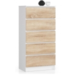 Komoda do sypialni, 5 szuflad, STILO, 60x40x121 cm, biel, dąb sonoma, mat