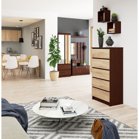 Komoda do sypialni, 5 szuflad, STILO, 60x40x121 cm, wenge, dąb sonoma, mat