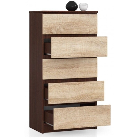 Komoda do sypialni, 5 szuflad, STILO, 60x40x121 cm, wenge, dąb sonoma, mat