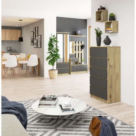 Komoda do sypialni, 5 szuflad, STILO, 60x40x121 cm, dąb artisan, grafit szary, mat