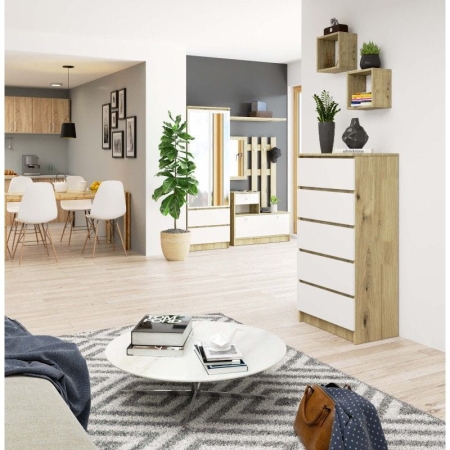 Komoda do sypialni, 5 szuflad, STILO, 60x40x121 cm, dąb artisan, biel, mat