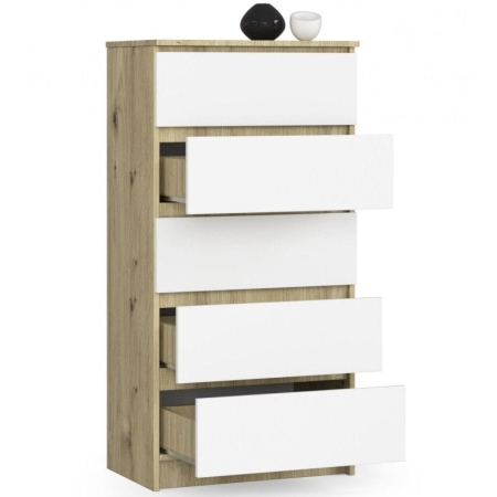 Komoda do sypialni, 5 szuflad, STILO, 60x40x121 cm, dąb artisan, biel, mat