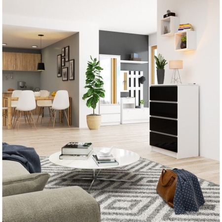 Komoda do sypialni, 4 szuflady, STILO, 60x40x99 cm, biel, czarny, połysk