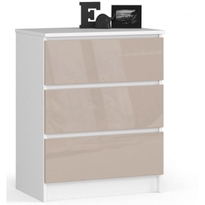 Komoda do sypialni, 3 szuflady, STILO, 60x40x77 cm, biel, cappuccino, połysk