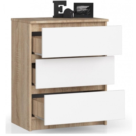 Komoda do sypialni, 3 szuflady, STILO, 60x40x77 cm, dąb sonoma, biel, mat