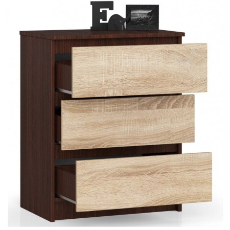 Komoda do sypialni, 3 szuflady, STILO, 60x40x77 cm, wenge, dąb sonoma, mat