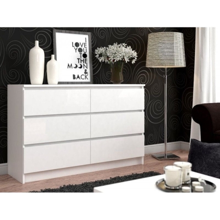 Komoda do salonu, sypialni, 6 szuflad, STILO, 120x40x77 cm, biel, mat