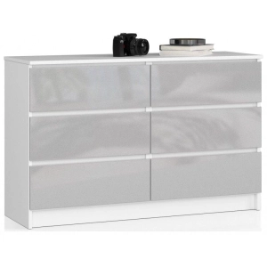 Komoda do salonu, sypialni, 6 szuflad, STILO, 120x40x77 cm, biel, metalik, połysk
