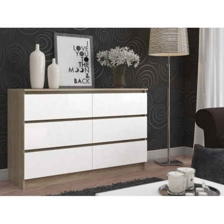 Komoda do salonu, sypialni, 6 szuflad, STILO, 120x40x77 cm, dąb sonoma, biel, mat