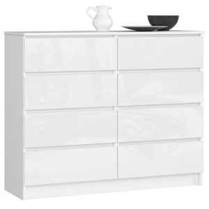 Komoda do salonu, sypialni, STILO, 8 szuflad, 120x40x99 cm, biel, połysk