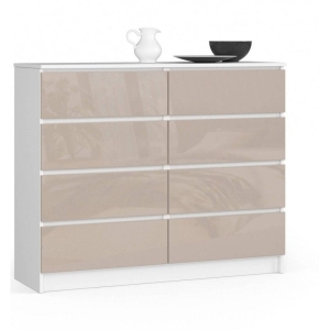 Komoda do salonu, sypialni, STILO, 8 szuflad, 120x40x99 cm, biel, cappuccino, połysk