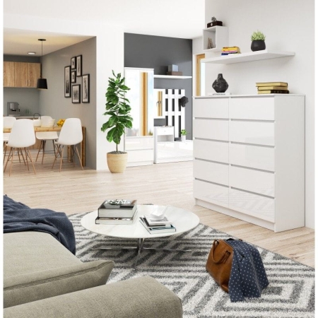 Komoda do salonu, sypialni, STILO, 10 szuflad, 120x40x121 cm, biel, połysk
