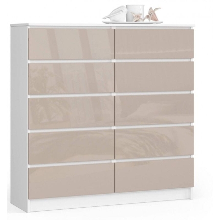 Komoda do salonu, sypialni, STILO, 10 szuflad, 120x40x121 cm, biel, cappuccino, połysk