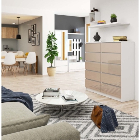 Komoda do salonu, sypialni, STILO, 10 szuflad, 120x40x121 cm, biel, cappuccino, połysk