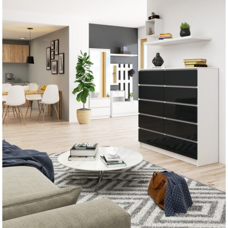 Komoda do salonu, sypialni, STILO, 10 szuflad, 120x40x121 cm, biel, grafit, połysk