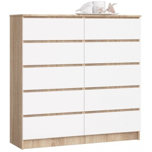 Komoda do salonu, sypialni, STILO, 10 szuflad, 120x40x121 cm, dąb sonoma, biel, mat