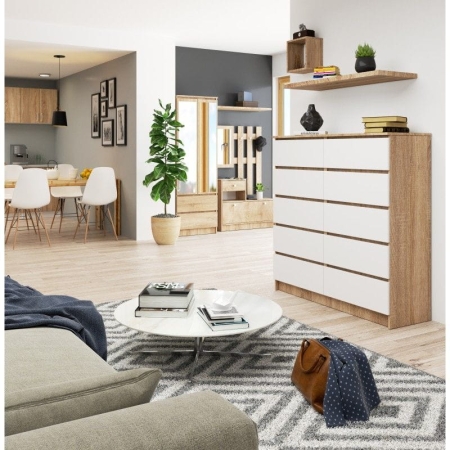 Komoda do salonu, sypialni, STILO, 10 szuflad, 120x40x121 cm, dąb sonoma, biel, mat
