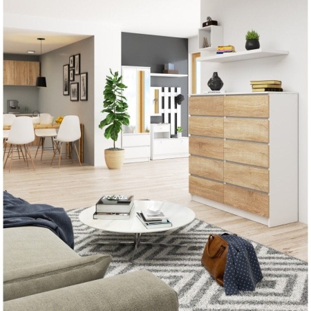 Komoda do salonu, sypialni, STILO, 10 szuflad, 120x40x121 cm, biel, dąb sonoma, mat