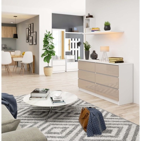 Komoda do sypialni, 6 szuflad, STILO, 140x40x77 cm, biel, cappuccino, połysk