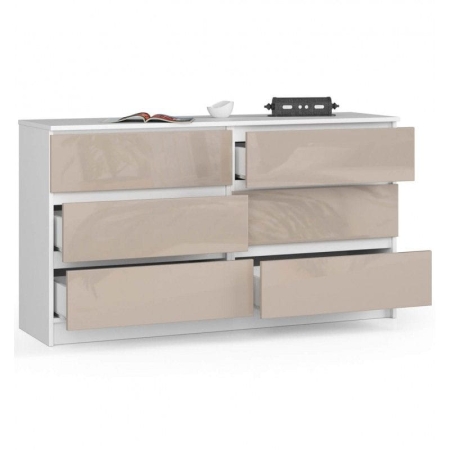 Komoda do sypialni, 6 szuflad, STILO, 140x40x77 cm, biel, cappuccino, połysk