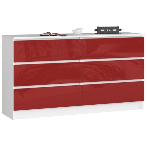 Przejdź do produktu Komoda do sypialni, 6 szuflad, STILO, 140x40x77 cm, biel, czerwony, połysk