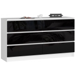 Komoda do sypialni, 6 szuflad, STILO, 140x40x77 cm, biel, czarny, połysk
