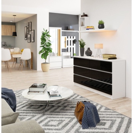 Komoda do sypialni, 6 szuflad, STILO, 140x40x77 cm, biel, czarny, połysk