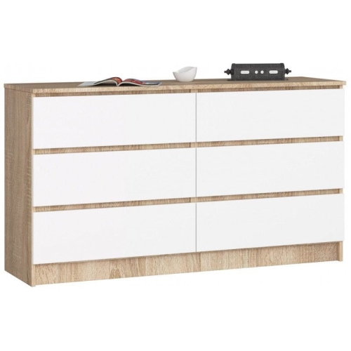 Przejdź do produktu Komoda do sypialni, 6 szuflad, STILO, 140x40x77 cm, dąb sonoma, biel, mat