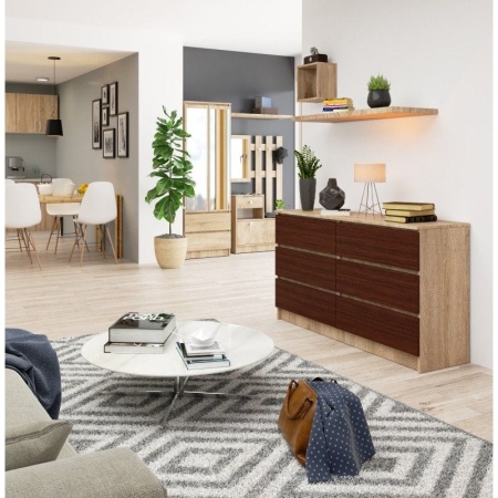 Komoda do sypialni, 6 szuflad, STILO, 140x40x77 cm, dąb sonoma, wenge, mat