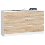 Komoda do sypialni, 6 szuflad, STILO, 140x40x77 cm, biel, dąb sonoma, mat