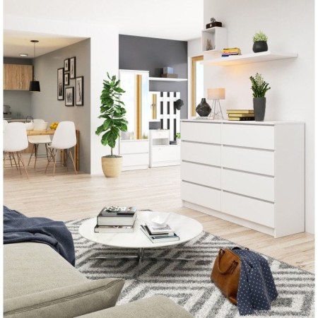 Komoda do sypialni, STILO, 8 szuflad, 140x40x99 cm, biel, mat