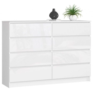 Komoda do sypialni, STILO, 8 szuflad, 140x40x99 cm, biel, połysk