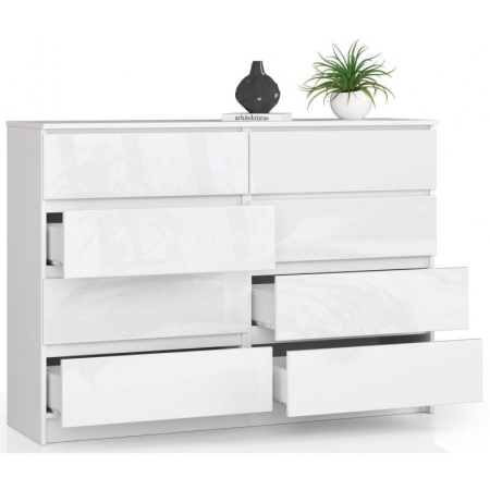 Komoda do sypialni, STILO, 8 szuflad, 140x40x99 cm, biel, połysk
