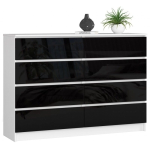 Komoda do sypialni, STILO, 8 szuflad, 140x40x99 cm, biel, czarny, połysk