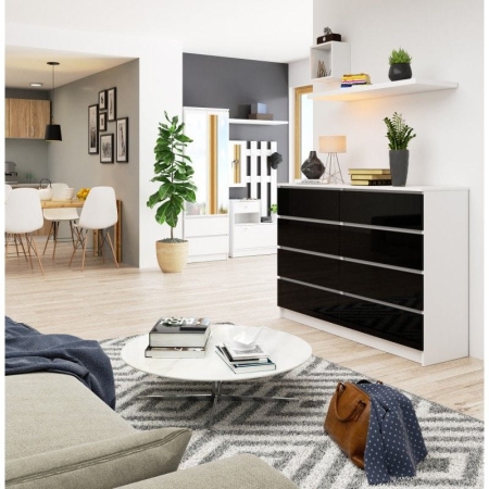 Komoda do sypialni, STILO, 8 szuflad, 140x40x99 cm, biel, czarny, połysk