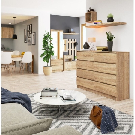 Komoda do sypialni, STILO, 8 szuflad, 140x40x99 cm, dąb sonoma, mat