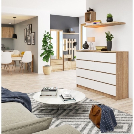 Komoda do sypialni, STILO, 8 szuflad, 140x40x99 cm, dąb sonoma, biel, mat