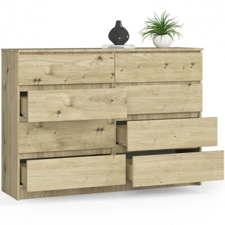 Komoda do sypialni, STILO, 8 szuflad, 140x40x99 cm, dąb artisan, mat