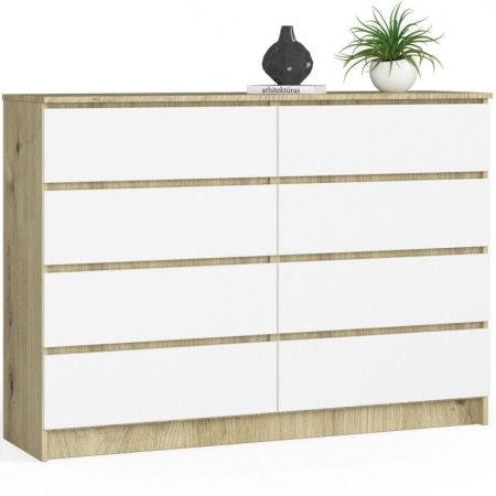 Komoda do sypialni, STILO, 8 szuflad, 140x40x99 cm, dąb artisan, biel, mat