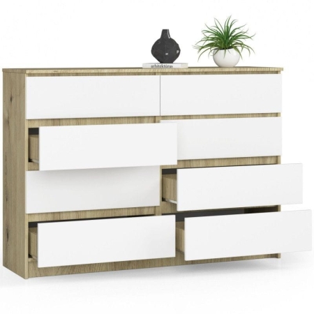 Komoda do sypialni, STILO, 8 szuflad, 140x40x99 cm, dąb artisan, biel, mat