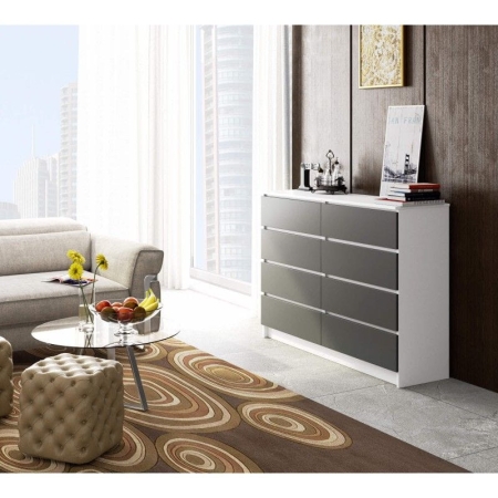 Komoda do sypialni, STILO, 8 szuflad, 140x40x99 cm, biel, grafit szary, mat