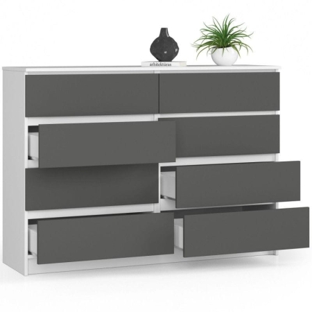 Komoda do sypialni, STILO, 8 szuflad, 140x40x99 cm, biel, grafit szary, mat